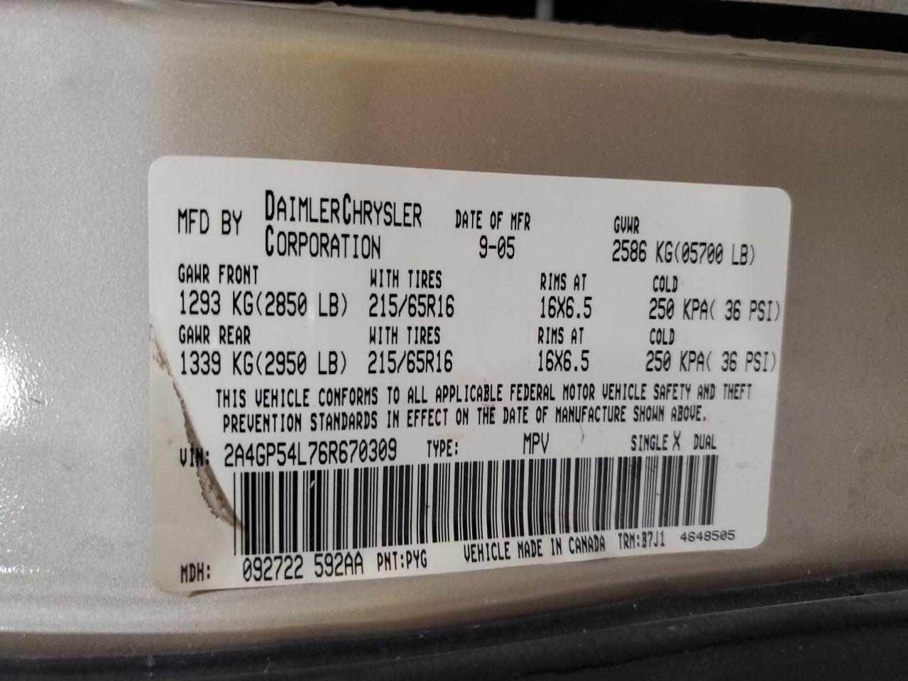 2006 Chrysler Town & Country Touring VIN: 2A4GP54L76R670309 Lot: 92904745