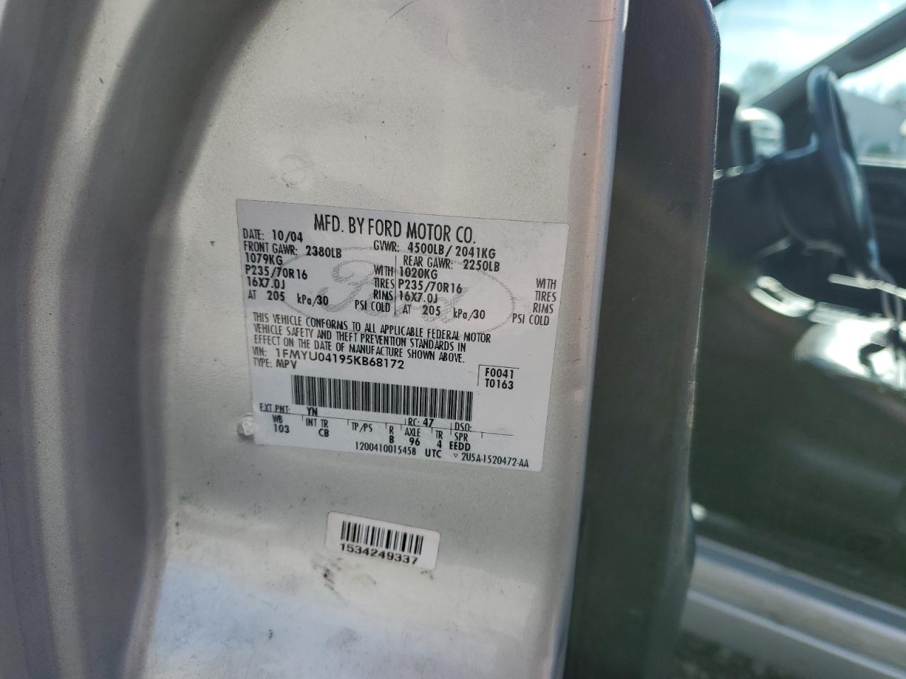 2005 Ford Escape Limited VIN: 1FMYU04195KB68172 Lot: 92684785