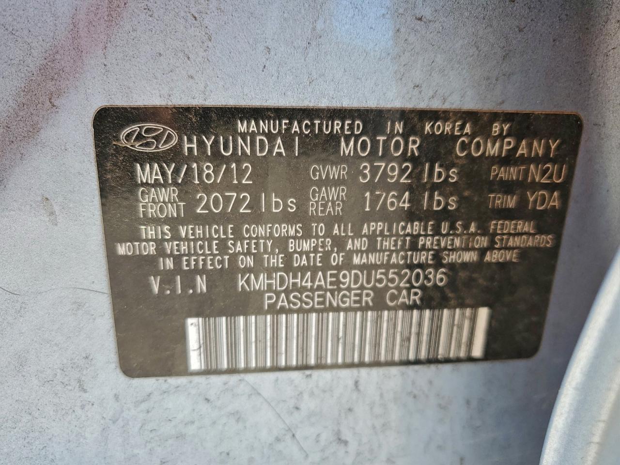 2013 Hyundai Elantra Gls VIN: KMHDH4AE9DU552036 Lot: 91670745