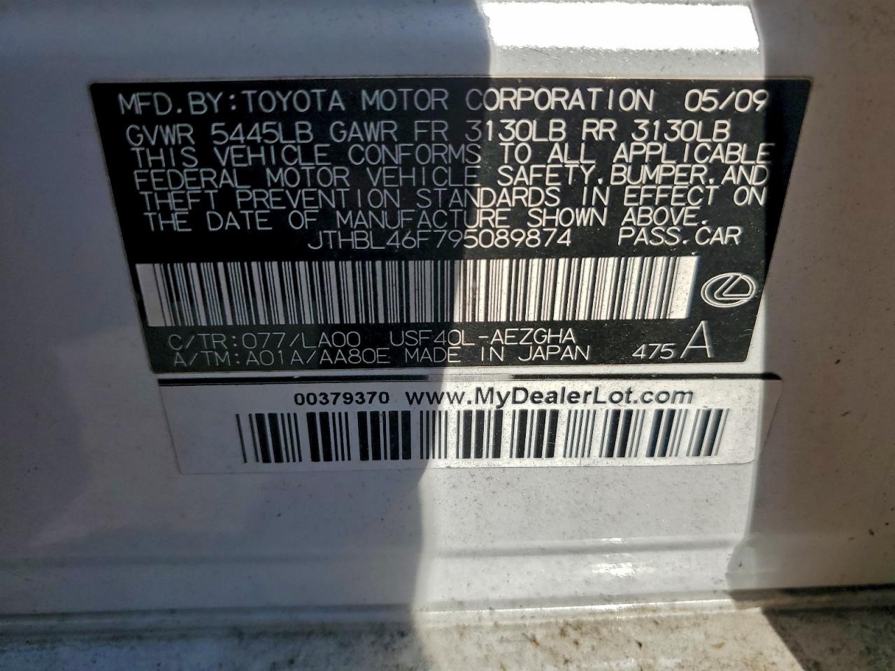 2009 Lexus Ls 460 VIN: JTHBL46F795089874 Lot: 93982935