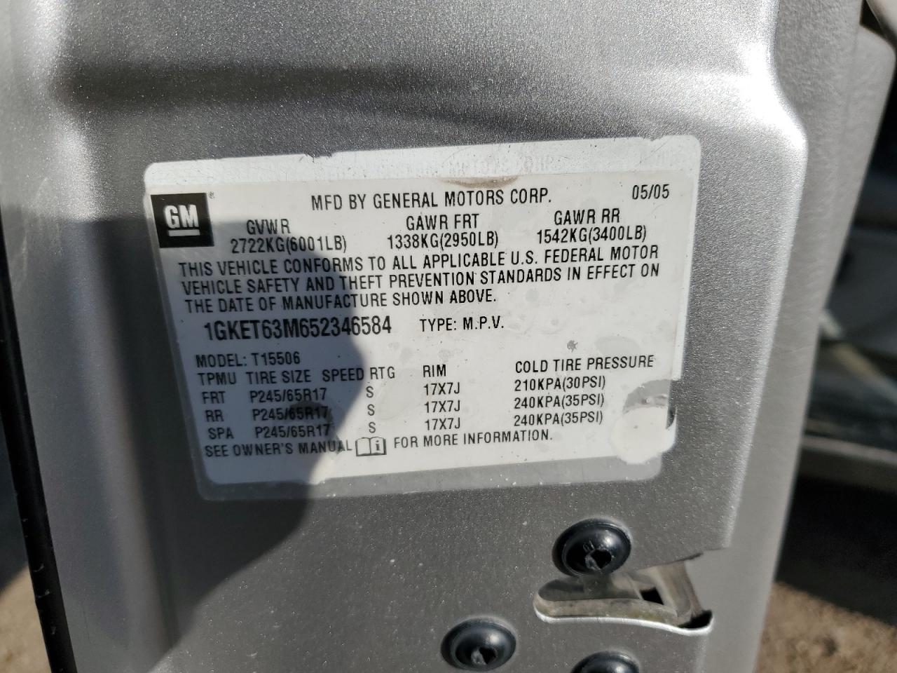 2005 GMC Envoy Denali VIN: 1GKET63M652346584 Lot: 92118725