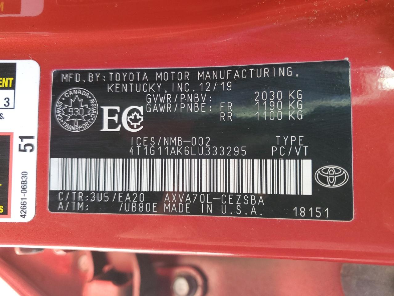 2020 Toyota Camry Se VIN: 4T1G11AK6LU333295 Lot: 93882385