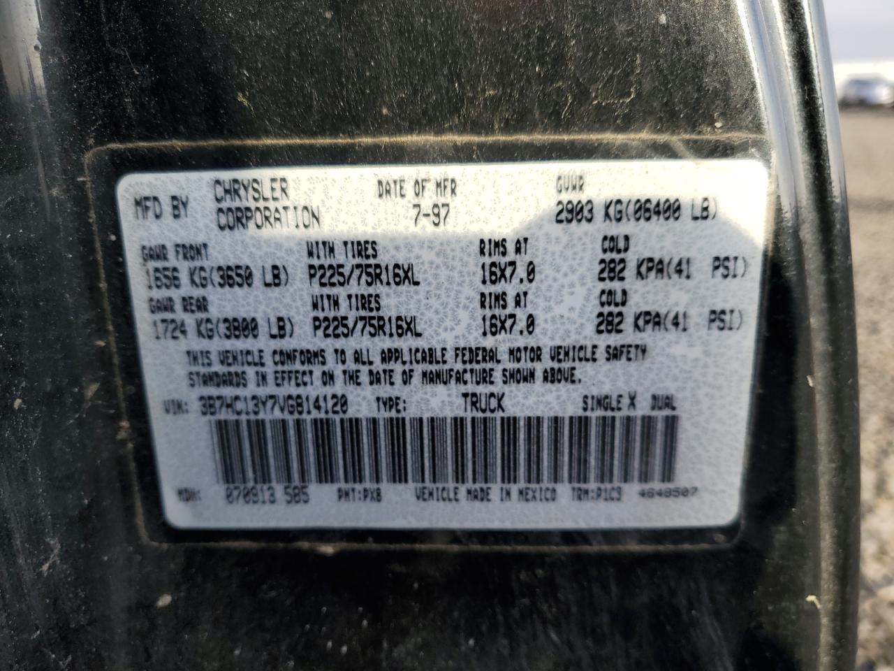 1997 Dodge Ram 1500 VIN: 3B7HC13Y7VG814120 Lot: 81795185