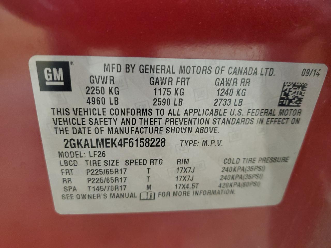 2015 GMC Terrain Sle VIN: 2GKALMEK4F6158228 Lot: 91218825