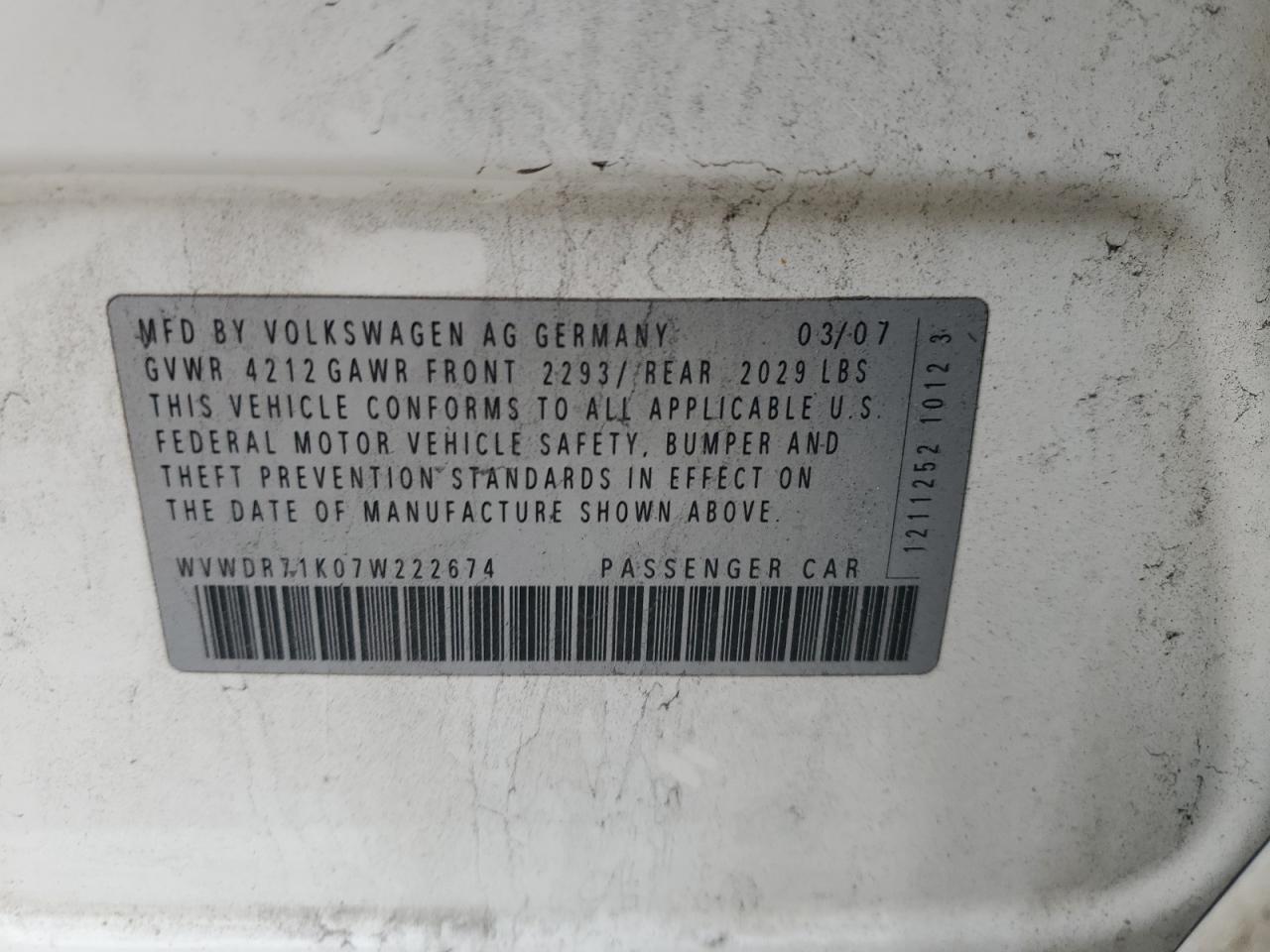 2007 Volkswagen Rabbit VIN: WVWDR71K07W222674 Lot: 92088625