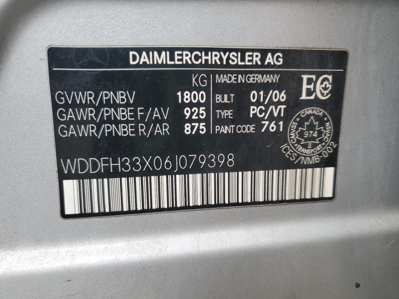 2006 Mercedes-Benz B200 VIN: WDDFH33X06J079398 Lot: 91439325