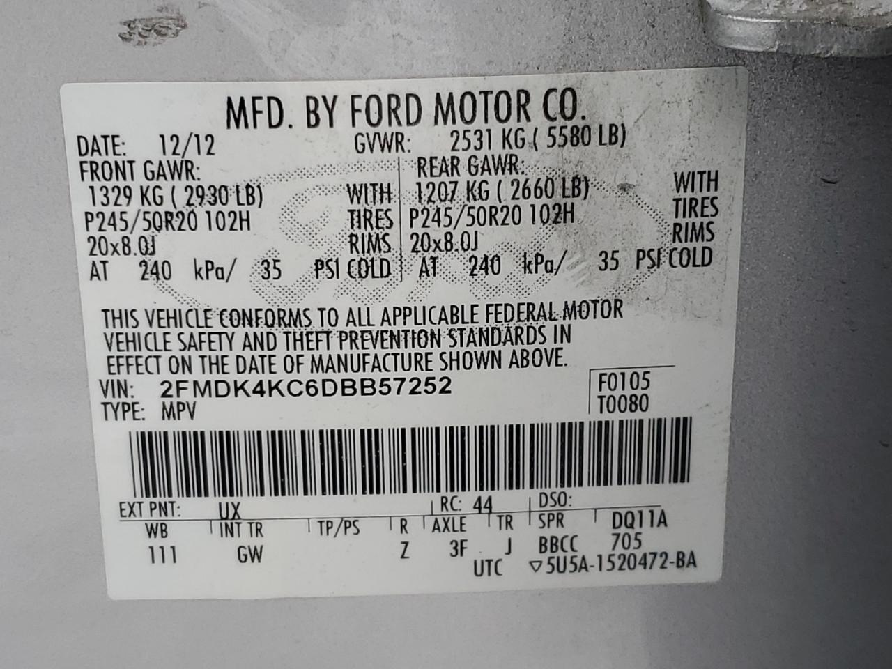 2013 Ford Edge Limited VIN: 2FMDK4KC6DBB57252 Lot: 92011505