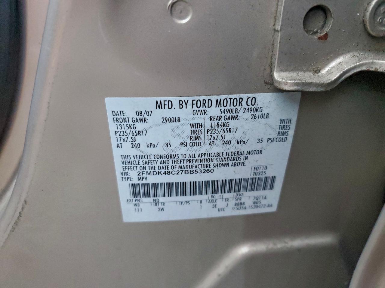 2007 Ford Edge Sel VIN: 2FMDK48C27BB53260 Lot: 93745795