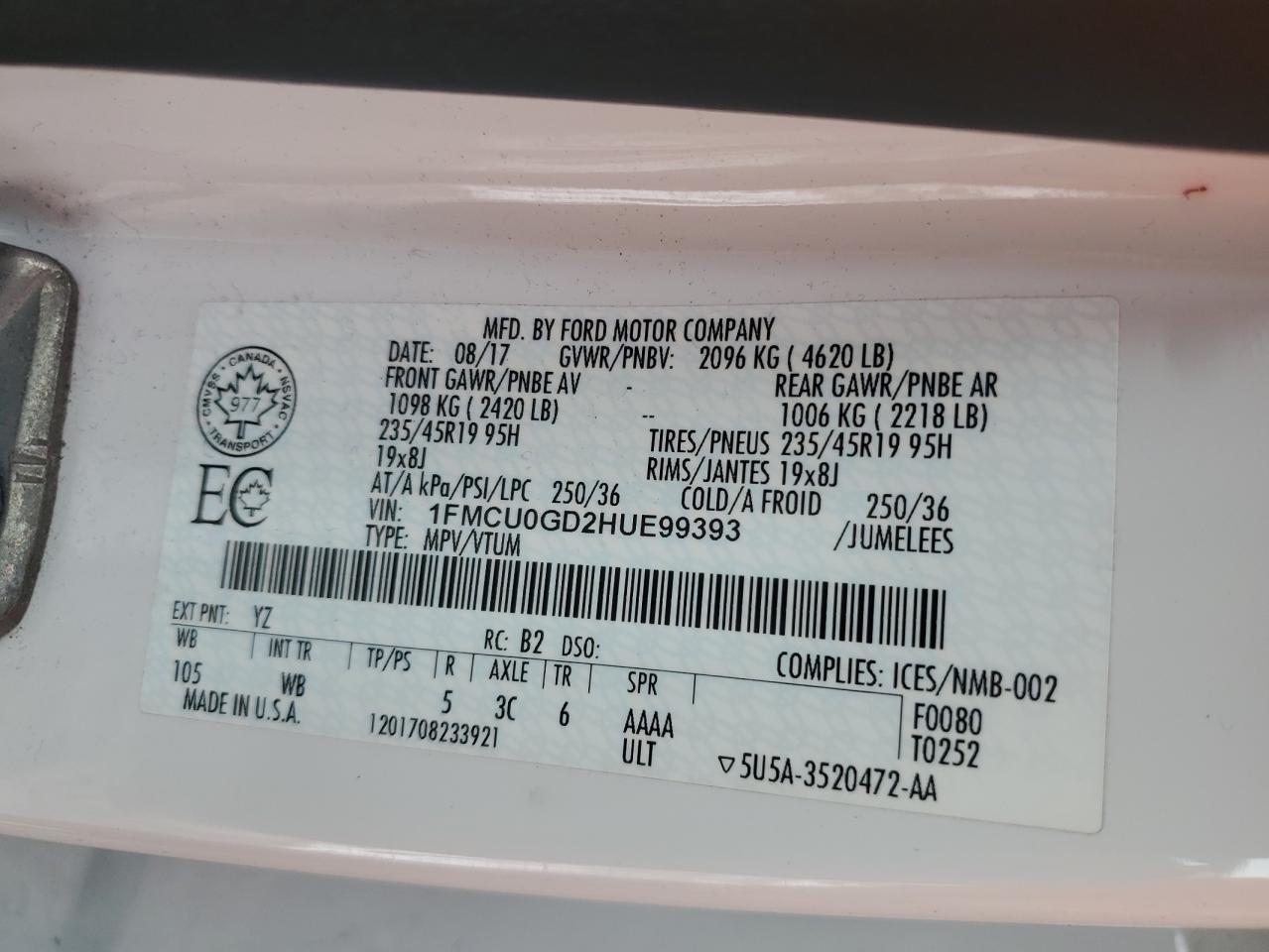 2017 Ford Escape Se VIN: 1FMCU0GD2HUE99393 Lot: 92599455