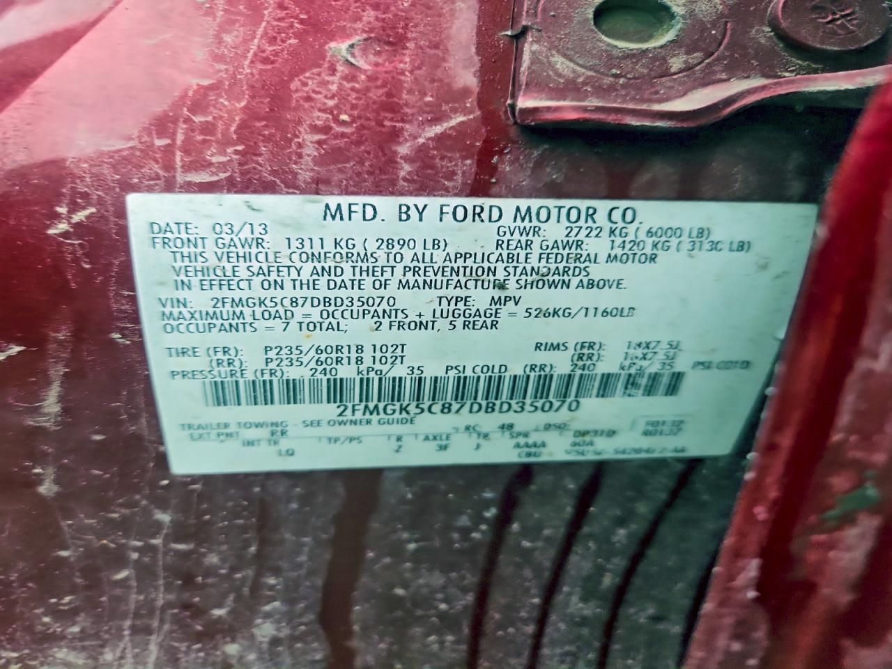 2013 Ford Flex Sel VIN: 2FMGK5C87DBD35070 Lot: 93464775