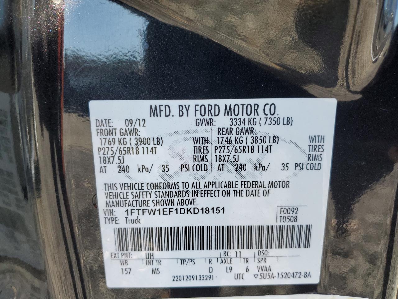 2013 Ford F150 Supercrew VIN: 1FTFW1EF1DKD18151 Lot: 92887715