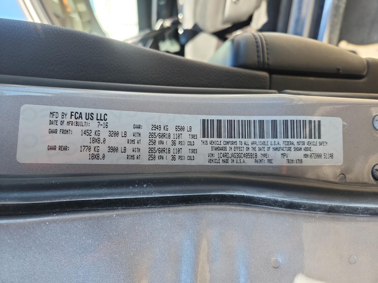 2016 Dodge Durango Sxt VIN: 1C4RDJAG3GC485918 Lot: 93112555