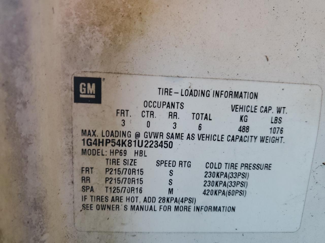 2001 Buick Lesabre Custom VIN: 1G4HP54K81U223450 Lot: 92210775