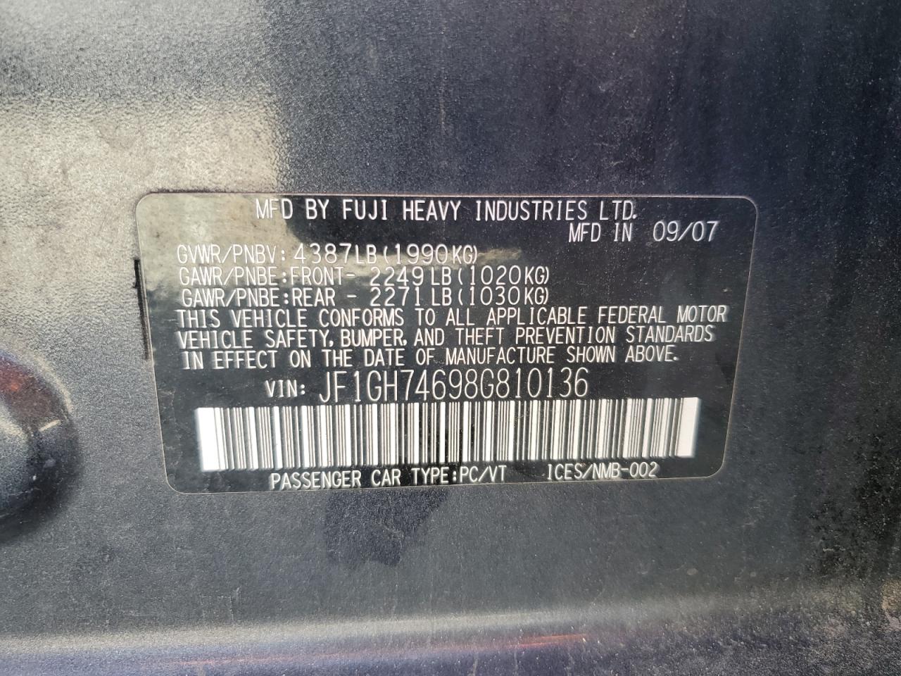 2008 Subaru Impreza Wrx VIN: JF1GH74698G810136 Lot: 93062275