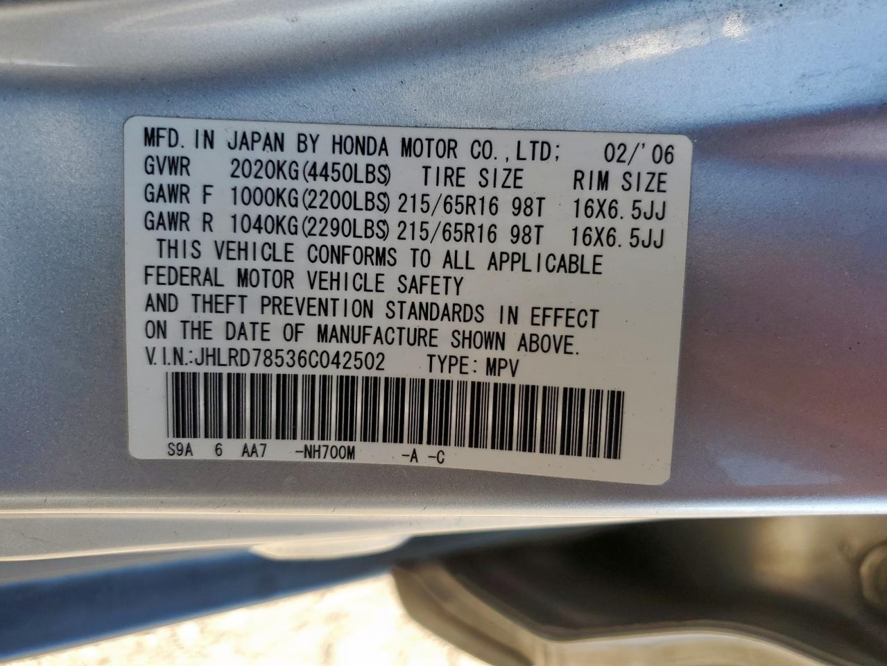 2006 Honda Cr-V Lx VIN: JHLRD78536C042502 Lot: 87104985