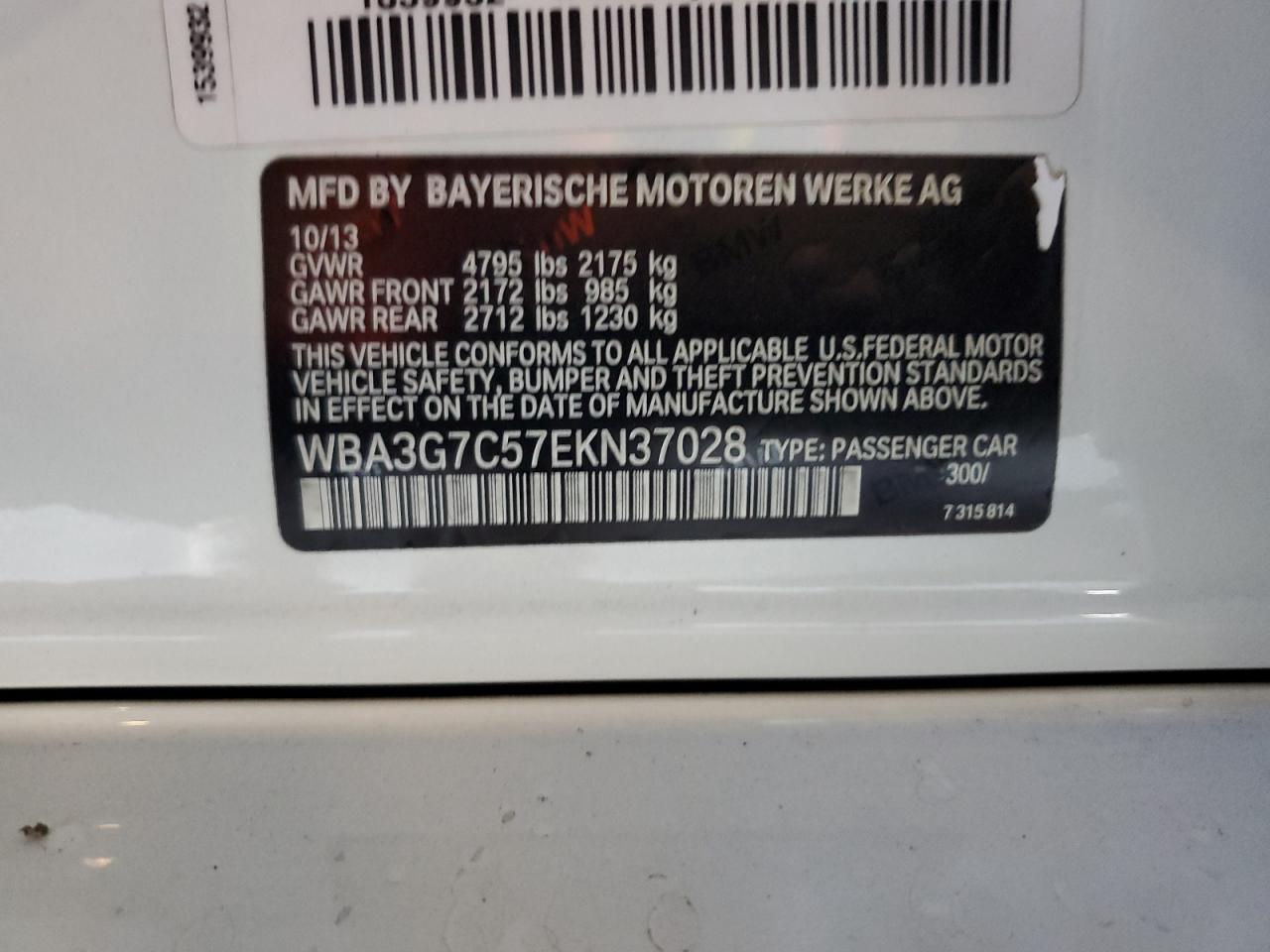 2014 BMW 328 Xi VIN: WBA3G7C57EKN37028 Lot: 93384475