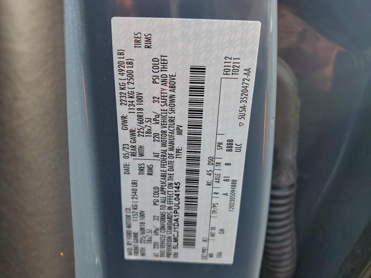 2023 Lincoln Corsair VIN: 5LMCJ1DA1PUL04145 Lot: 93829345