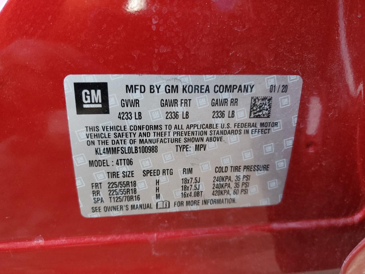 2020 Buick Encore Gx Essence VIN: KL4MMFSL0LB100988 Lot: 91937985