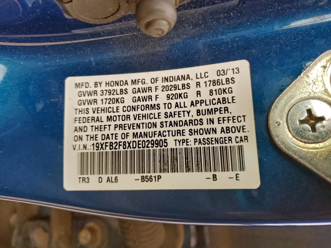 2013 Honda Civic Ex VIN: 19XFB2F8XDE029905 Lot: 94101505