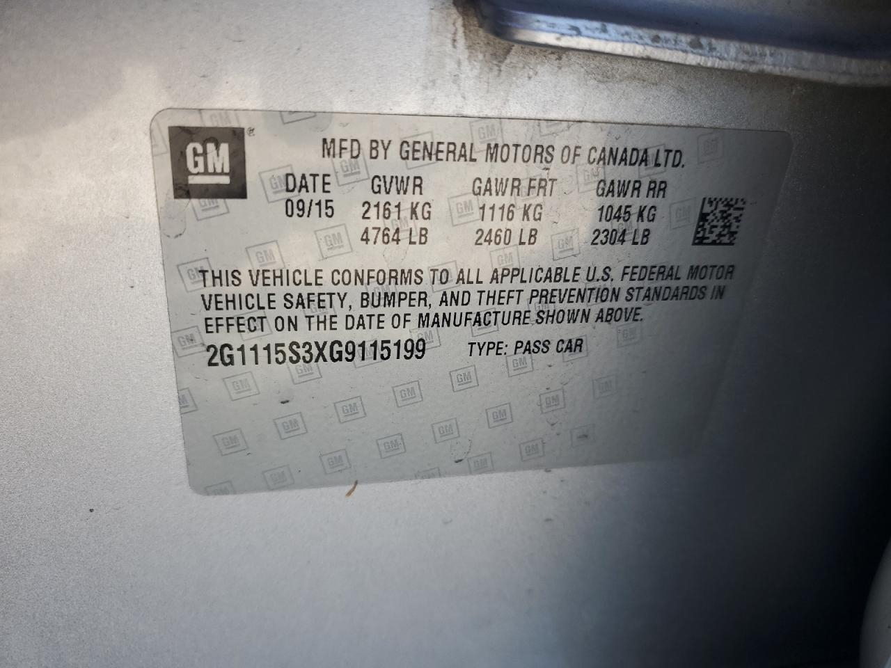 2016 Chevrolet Impala Lt VIN: 2G1115S3XG9115199 Lot: 91282145