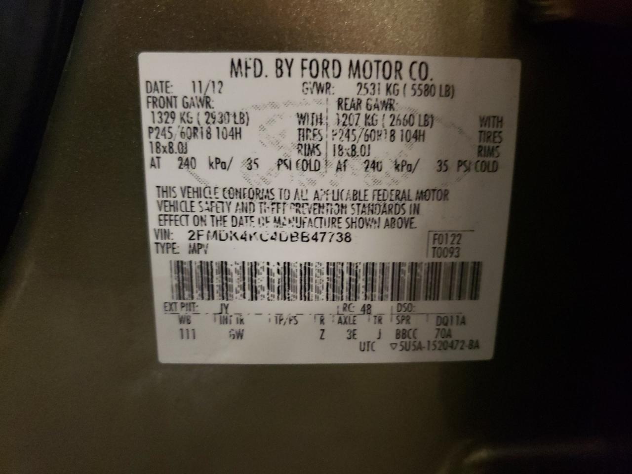 2013 Ford Edge Limited VIN: 2FMDK4KC4DBB47738 Lot: 93440705