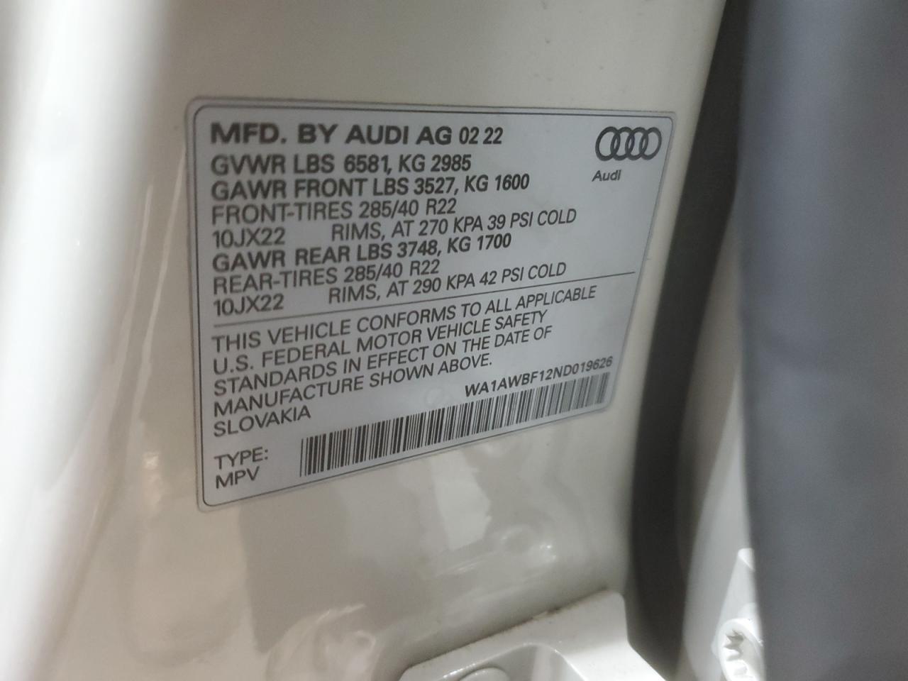 2022 Audi Sq8 Premium Plus VIN: WA1AWBF12ND019626 Lot: 93370645