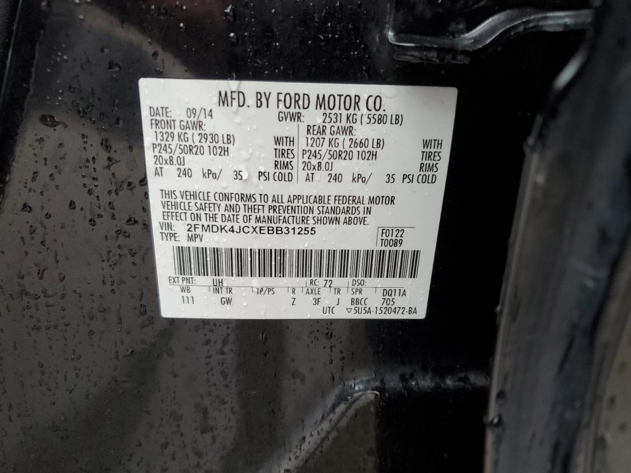 2014 Ford Edge Sel VIN: 2FMDK4JCXEBB31255 Lot: 93848715