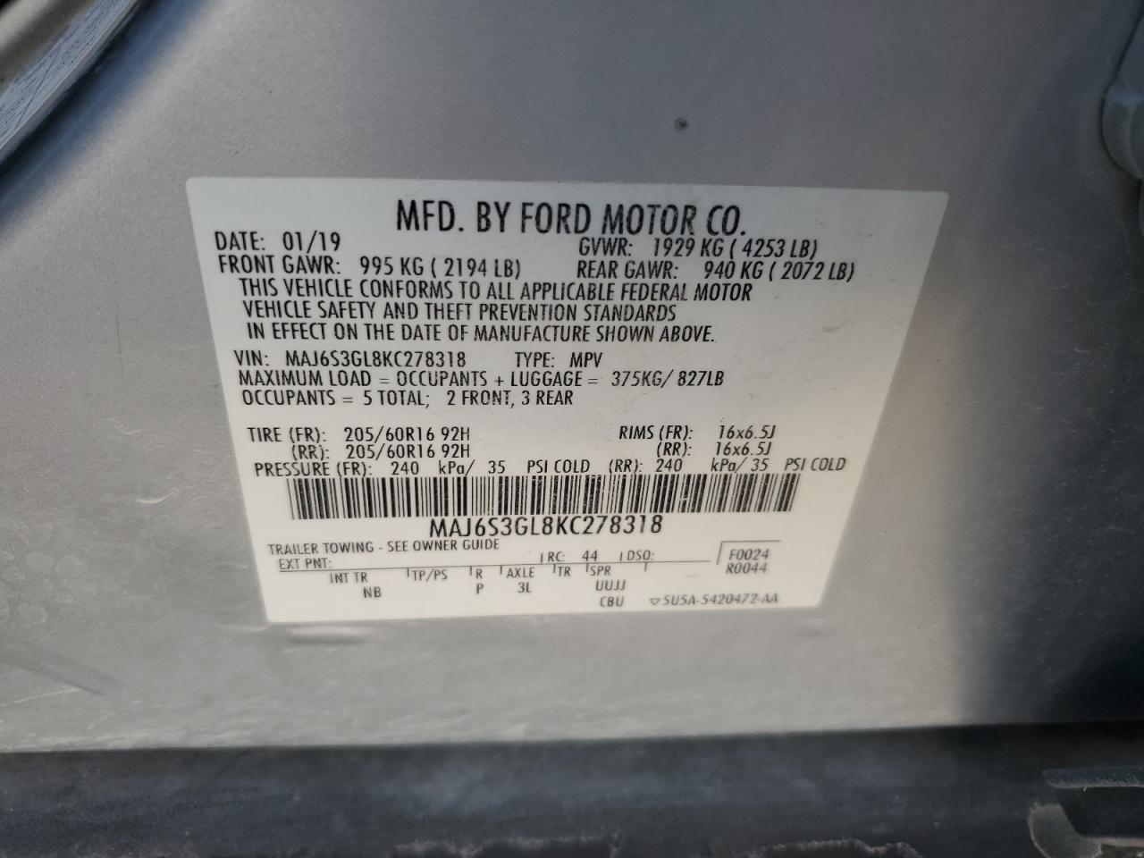 2019 Ford Ecosport Se VIN: MAJ6S3GL8KC278318 Lot: 91354275