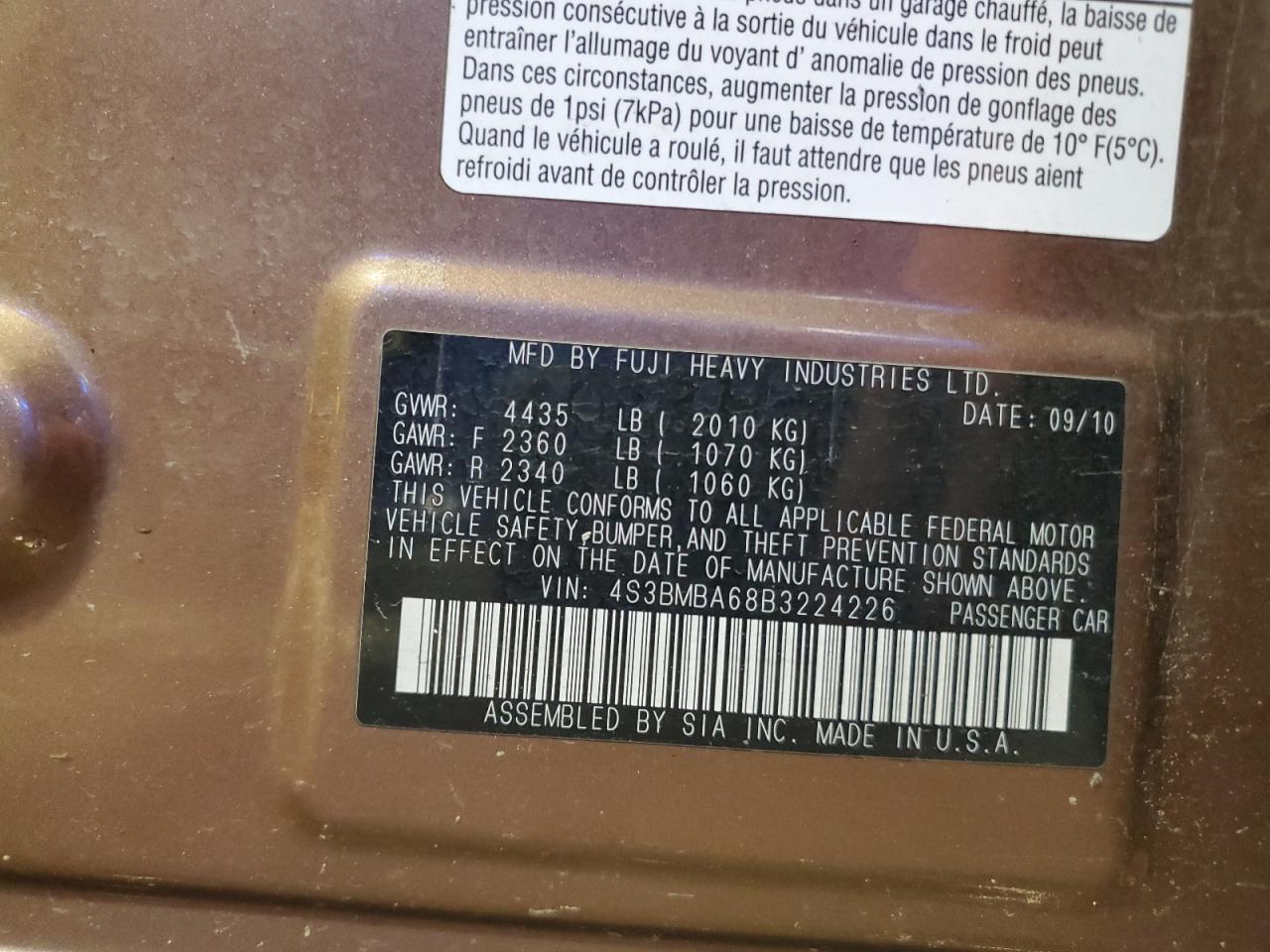 2011 Subaru Legacy 2.5I VIN: 4S3BMBA68B3224226 Lot: 91107785