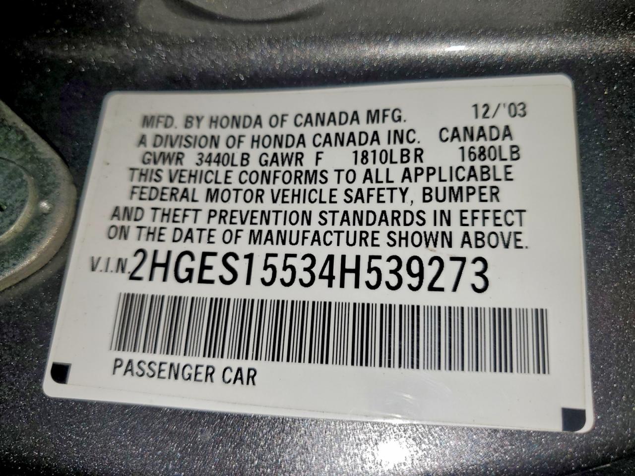 2004 Honda Civic Lx VIN: 2HGES15534H539273 Lot: 94193615