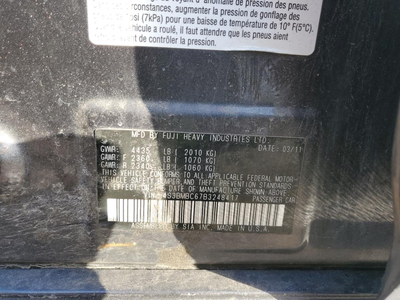 2011 Subaru Legacy 2.5I Premium VIN: 4S3BMBC67B3248417 Lot: 92952005