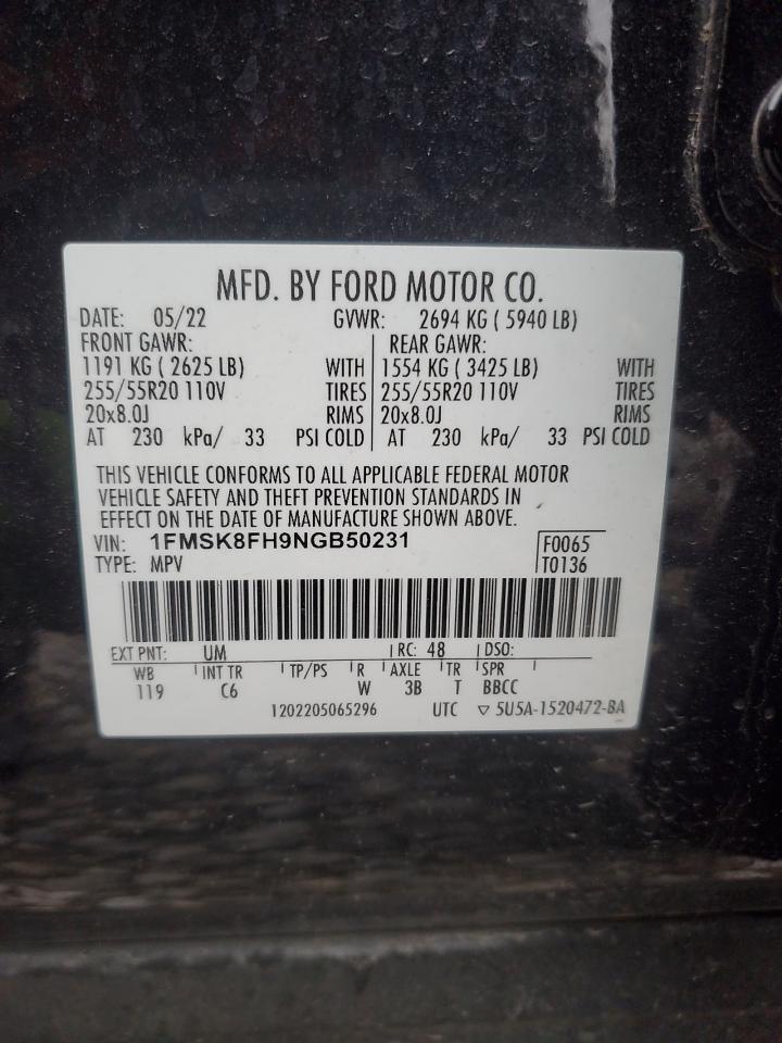 2022 Ford Explorer Limited VIN: 1FMSK8FH9NGB50231 Lot: 93213965