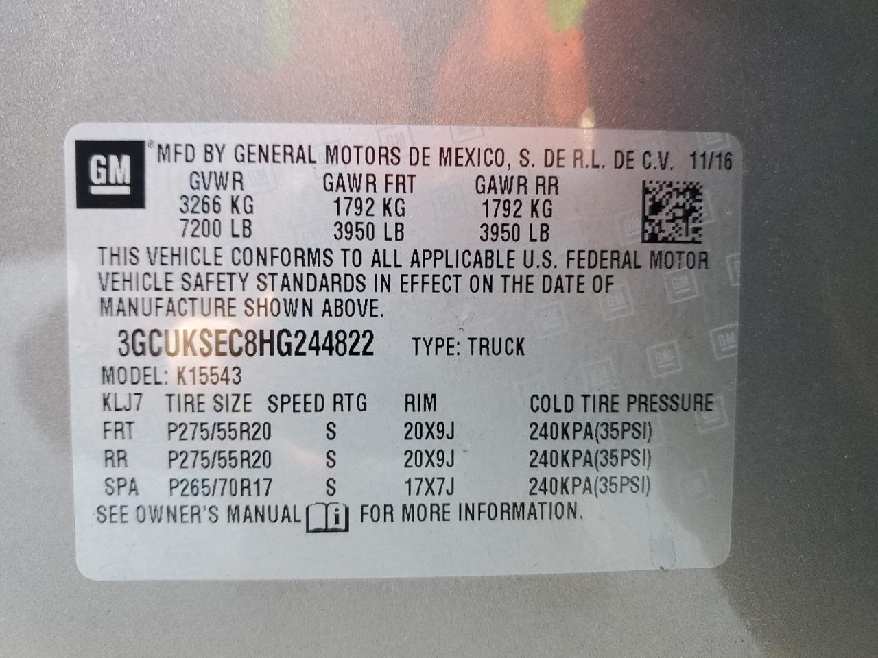 2017 Chevrolet Silverado K1500 Ltz VIN: 3GCUKSEC8HG244822 Lot: 91244475