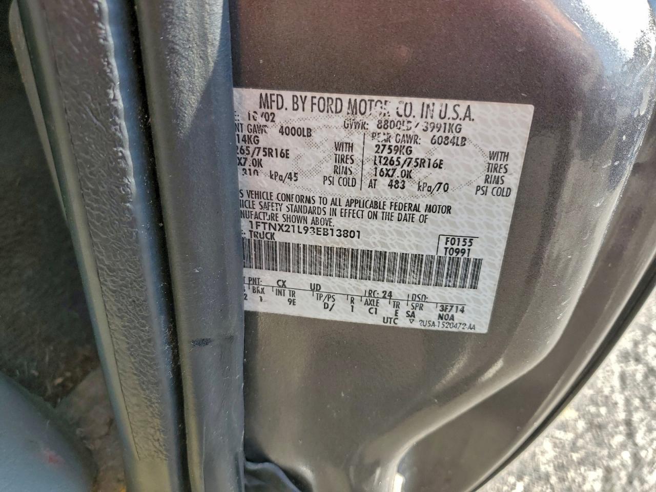 2003 Ford F250 Super Duty VIN: 1FTNX21L93EB13801 Lot: 94271395