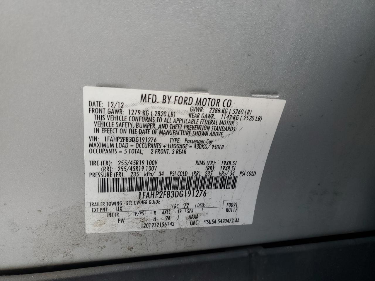 2013 Ford Taurus Limited VIN: 1FAHP2F83DG191276 Lot: 91708015