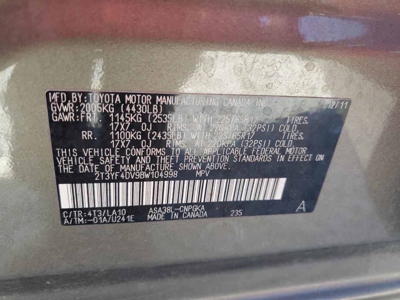 2011 Toyota Rav4 Limited VIN: 2T3YF4DV9BW104998 Lot: 92740955