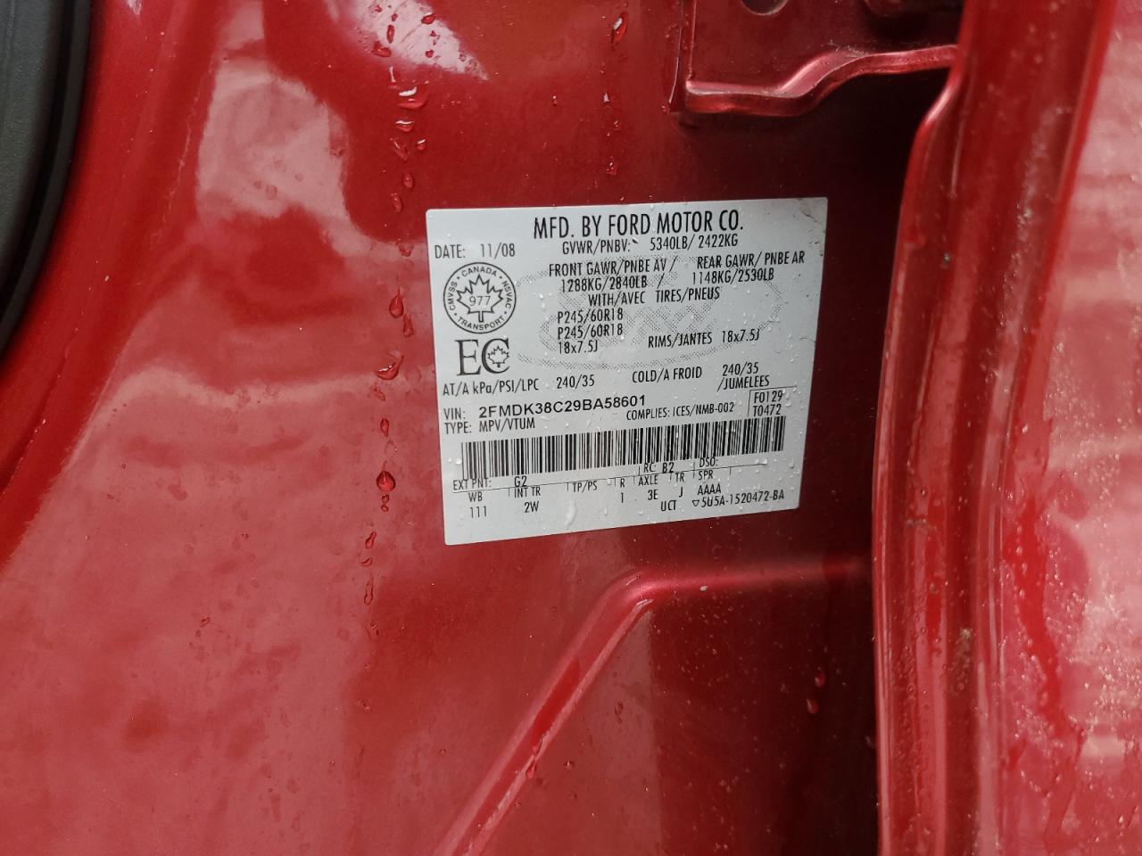 2009 Ford Edge Sel VIN: 2FMDK38C29BA58601 Lot: 92352855