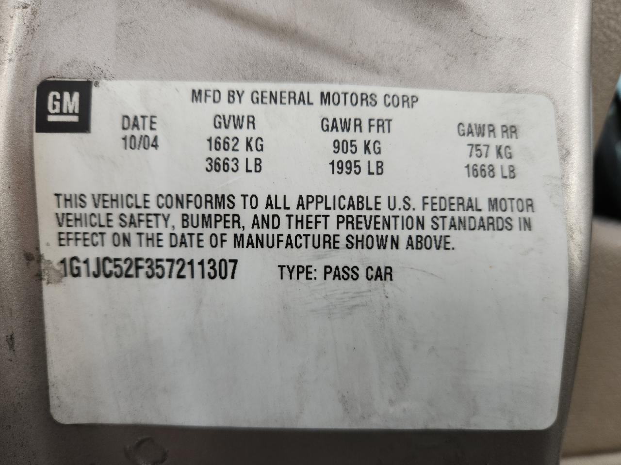 2005 Chevrolet Cavalier VIN: 1G1JC52F357211307 Lot: 93503115