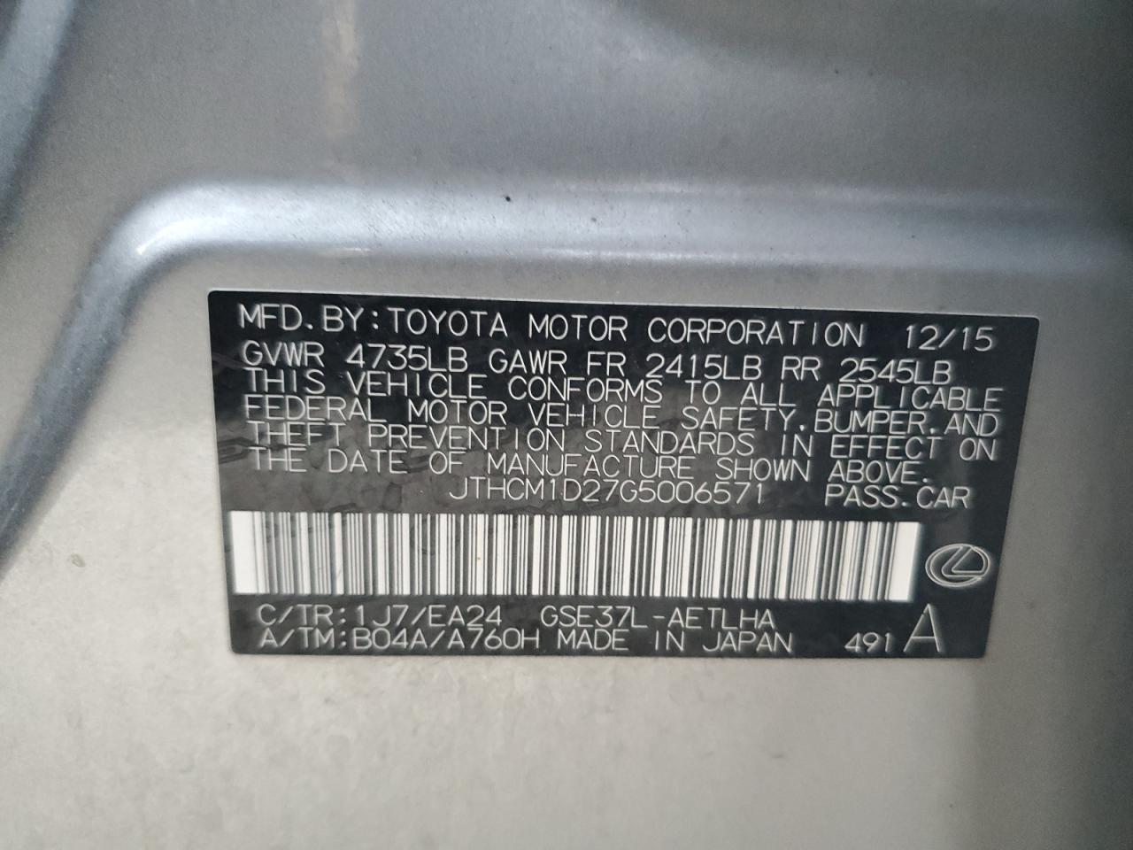 2016 Lexus Is 300 VIN: JTHCM1D27G5006571 Lot: 91802825