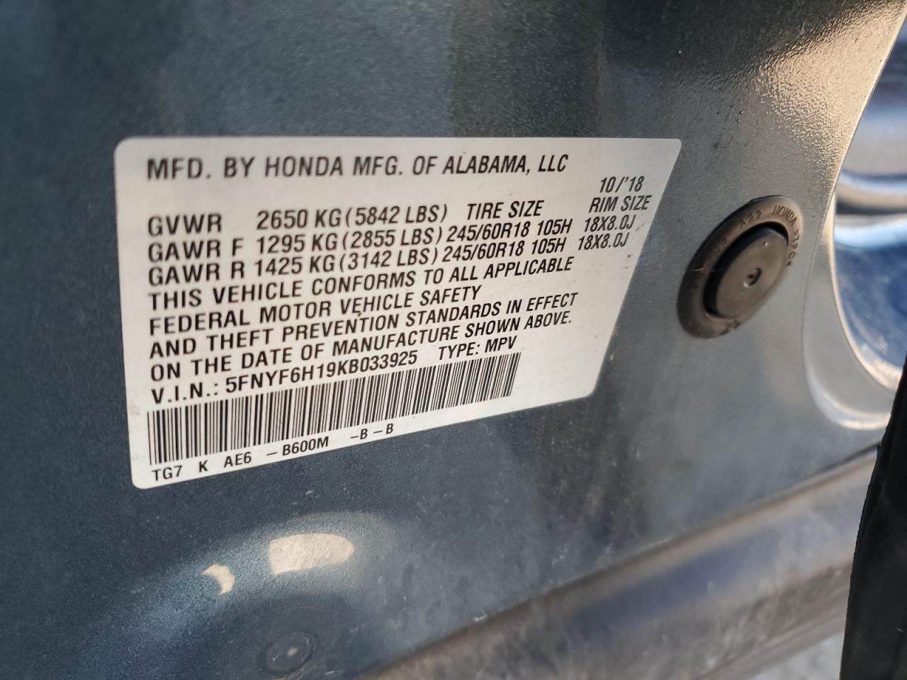 2019 Honda Pilot Lx VIN: 5FNYF6H19KB033925 Lot: 91708085