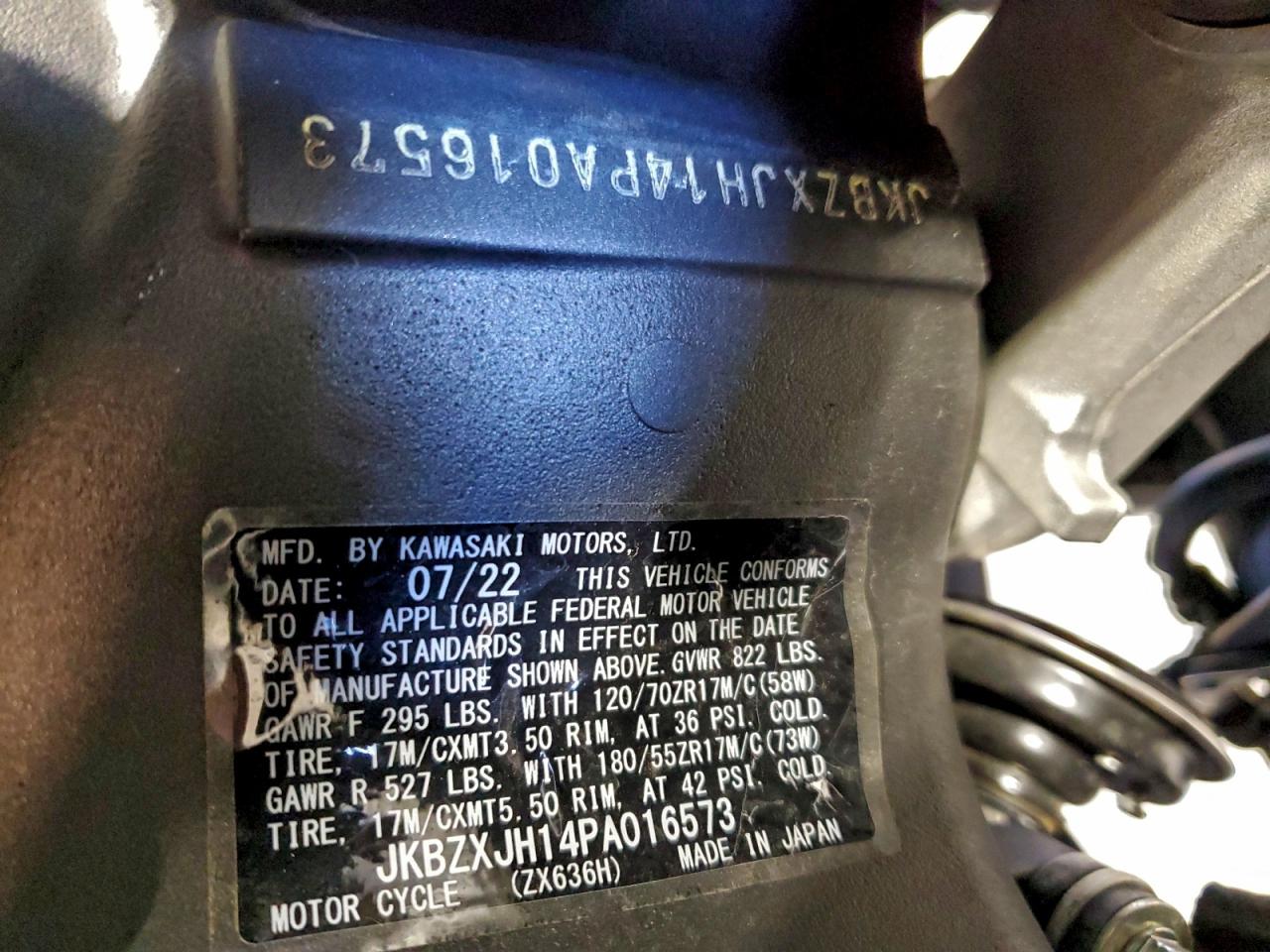 2023 Kawasaki Zx636 K VIN: JKBZXJH14PA016573 Lot: 93914395