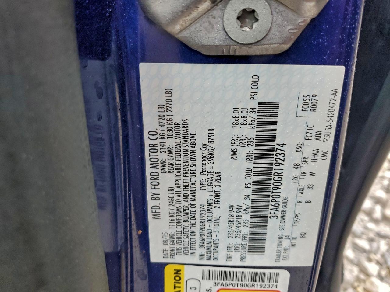 2016 Ford Fusion Se VIN: 3FA6P0T90GR192374 Lot: 93413625