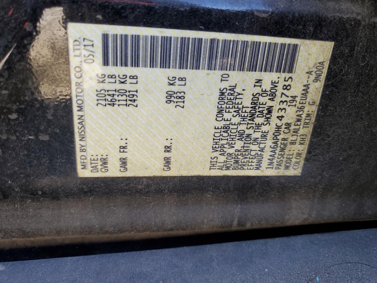 2017 Nissan Maxima 3.5S VIN: 1N4AA6AP0HC433785 Lot: 91410265