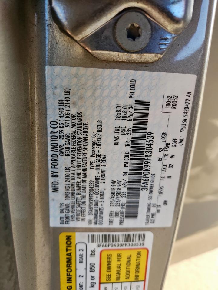 2015 Ford Fusion Titanium VIN: 3FA6P0K99FR304539 Lot: 91881025