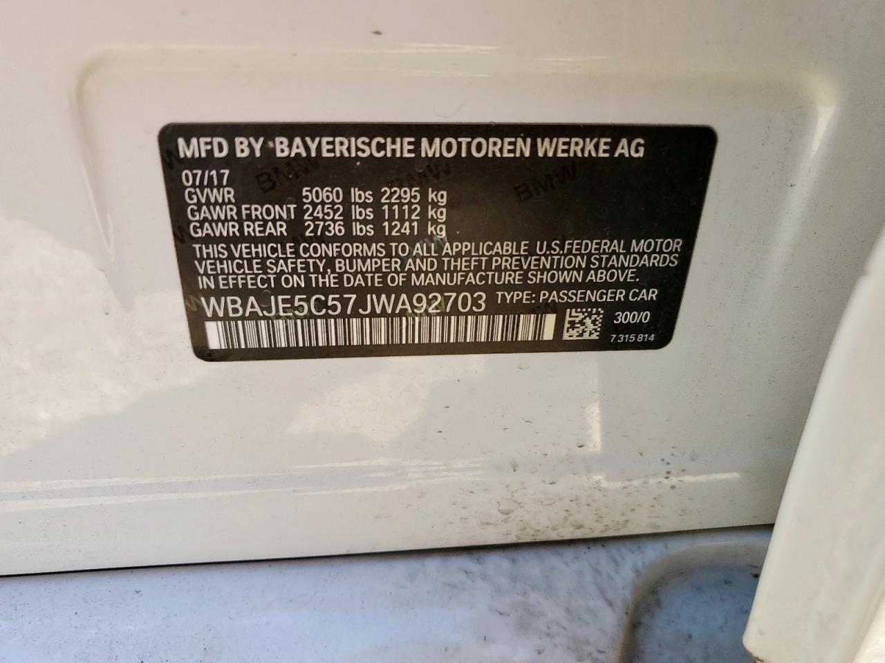 2018 BMW 540 I VIN: WBAJE5C57JWA92703 Lot: 91695295