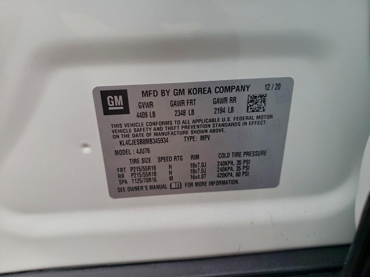 2021 Buick Encore Preferred VIN: KL4CJESB8MB345934 Lot: 94466655