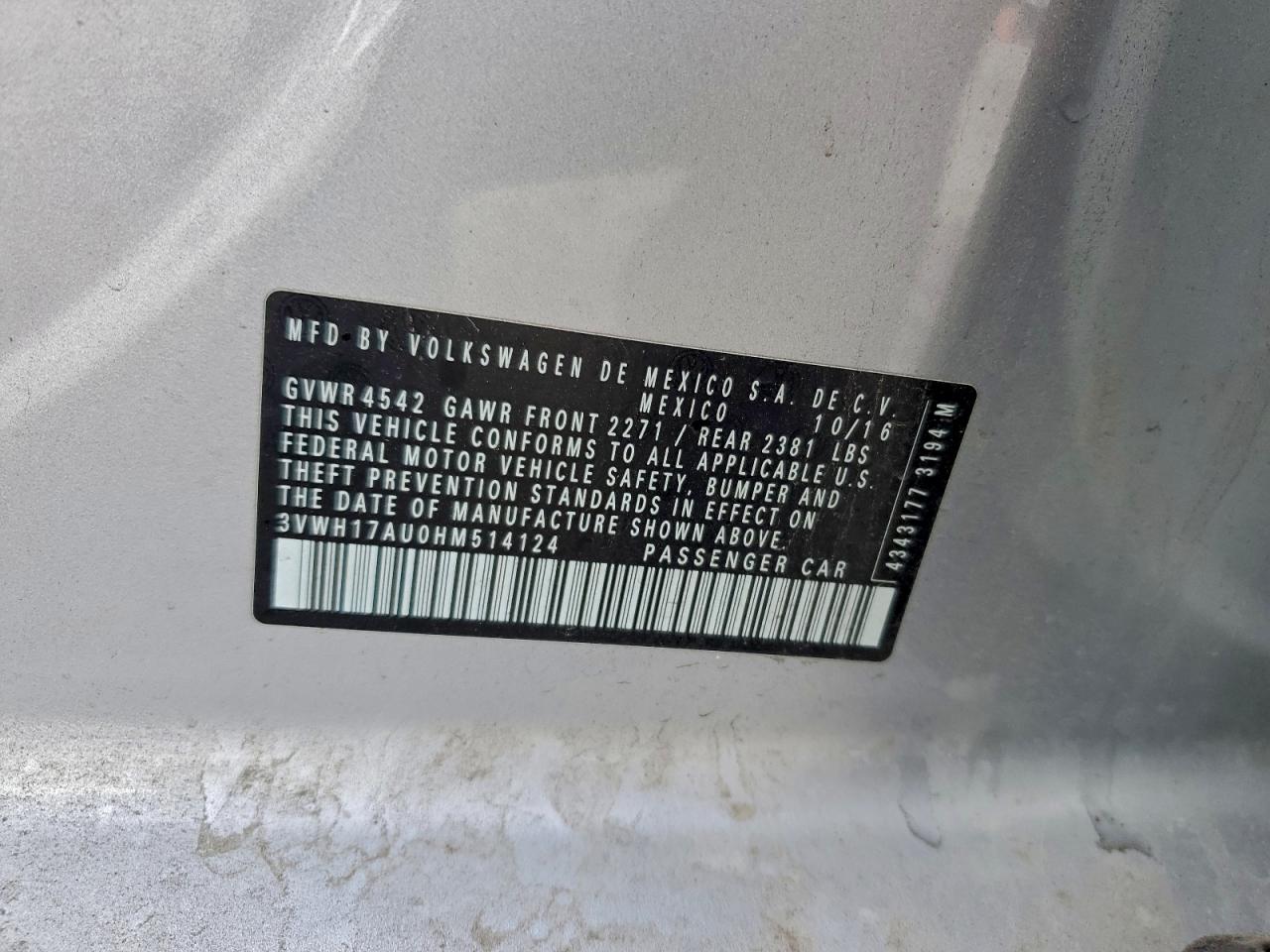 2017 Volkswagen Golf Alltrack S VIN: 3VWH17AU0HM514124 Lot: 92942555