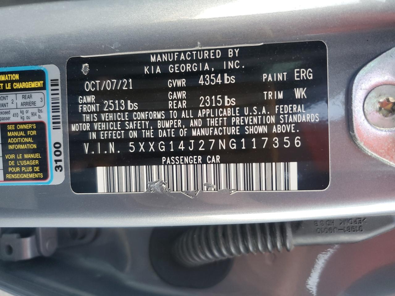 2022 Kia K5 Lxs VIN: 5XXG14J27NG117356 Lot: 93780965