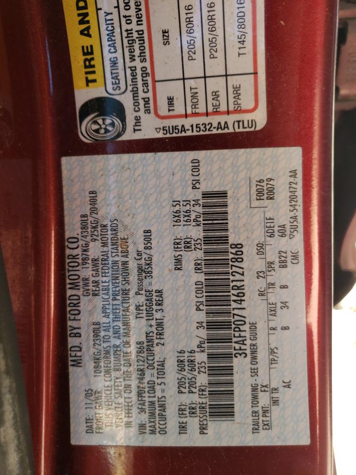 2006 Ford Fusion Se VIN: 3FAFP07146R127868 Lot: 92585165