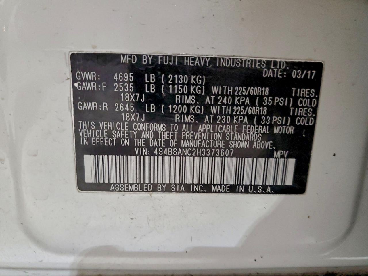 2017 Subaru Outback 2.5I Limited VIN: 4S4BSANC2H3373607 Lot: 92996285